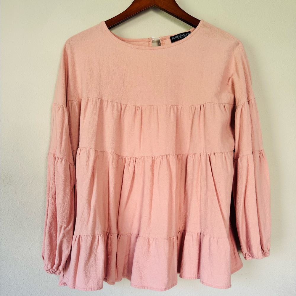 Floral Blooming Pink Tiered Babydoll Blouse – Long Sleeve – Size Medium